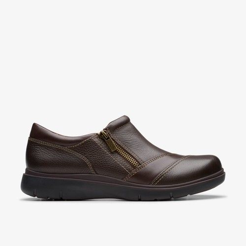 Clarks Womens Certina Pure Dark Brown Leather Slip Ons Leather Casual