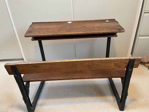 English Antique Victorian, children's, two seat hinged oak school desk VGC