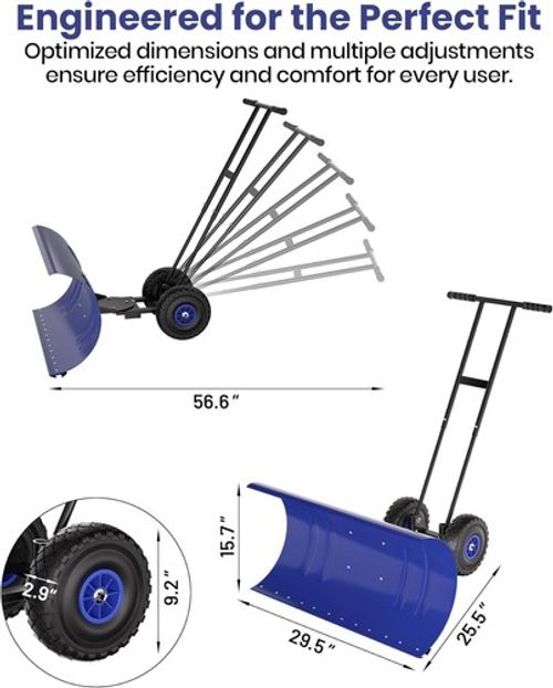 Snow Shovel with Wheels 29 Inch Durable Metal Snow Removal Pusher for Driveway
