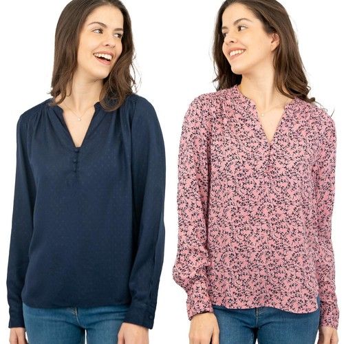 M&S Womens Blouse Top Navy Blue Jacquard Pink Floral Cuff Buttons V Neck