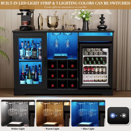 Coffee Bar Cabinet with Fridge, 47" Buffet Sideboard with Wine Rack & LED Lights — image 4