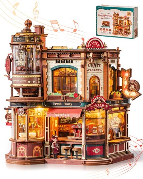 ROKR 3D Wooden Puzzle Dream Coffee Factory DIY Music Box With LED Toy Xmas Gift