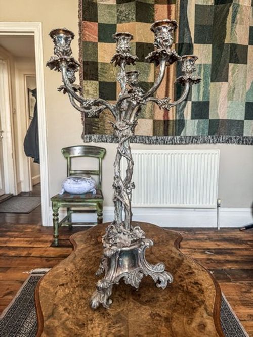Large Antique Silver-Plated Brass Six-Light Grapevine Candelabrum c.1890–1910