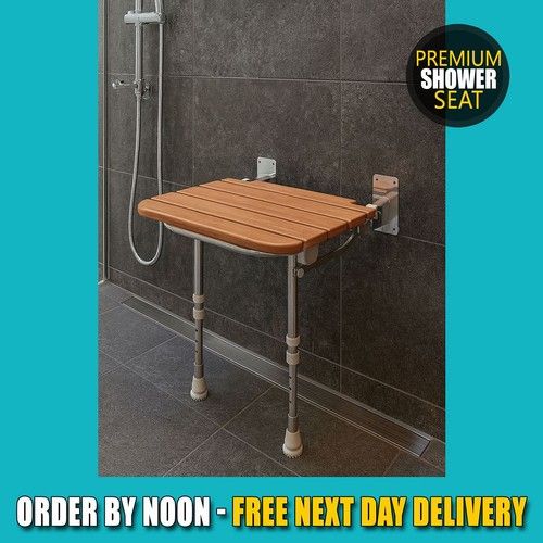 EcoSpa Wooden Shower Seat Foldable, Wall-Mounted, Adjustable Legs, Mobility Aid