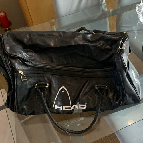 HEAD Large Black Leather Duffel Gym Bag Zip Closure Logo Accents