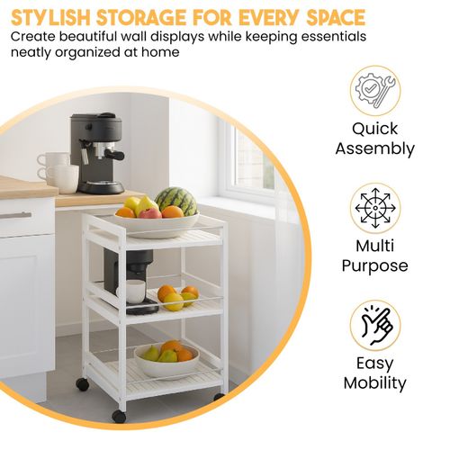 3-Tier Wooden Trolley on Wheels Kitchen Storage Serving Rolling Cart Steel Bars — image 3