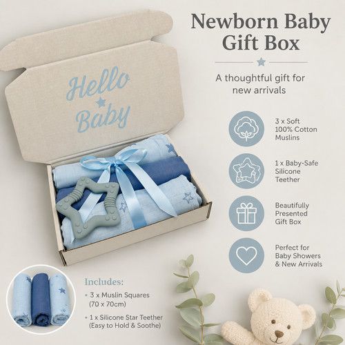 Newborn Baby Boy Soft Cotton Muslin & Teether Gift Set | New Baby Gift Set