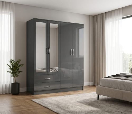 Modern High Gloss Grey Mirrored Wardrobe 4 Door 2 Drawer | Large Bedroom Storage — image 1