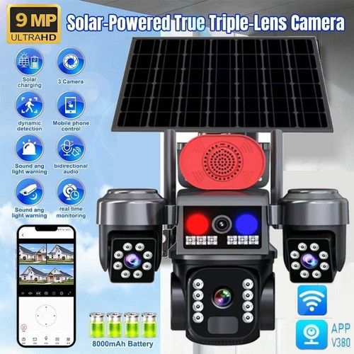 3Lens Solar Camera WiFi Wireless Solar Powered Security PTZ CCTV IP IR Outdoor