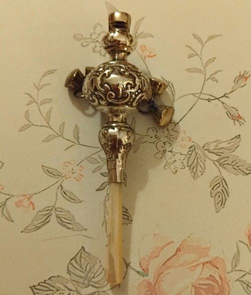 Vintage 925 Sterling Silver Baby Rattle Whistle Bells Mother of Pearl Handle