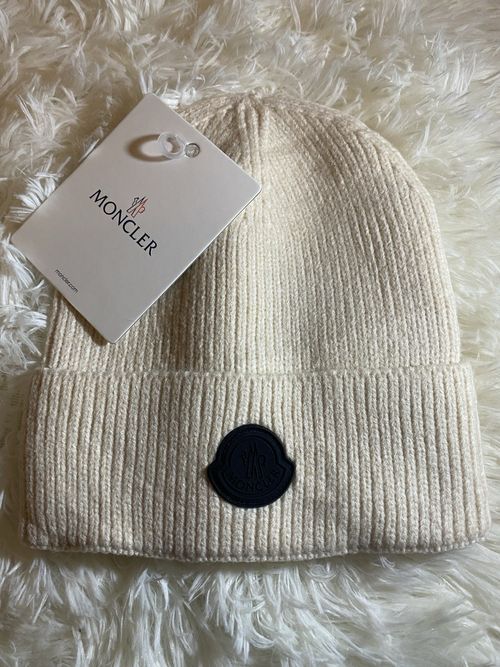 Moncler Beige Knit Beanie One Size Logo Patch Unisex Winter Solid — image 2