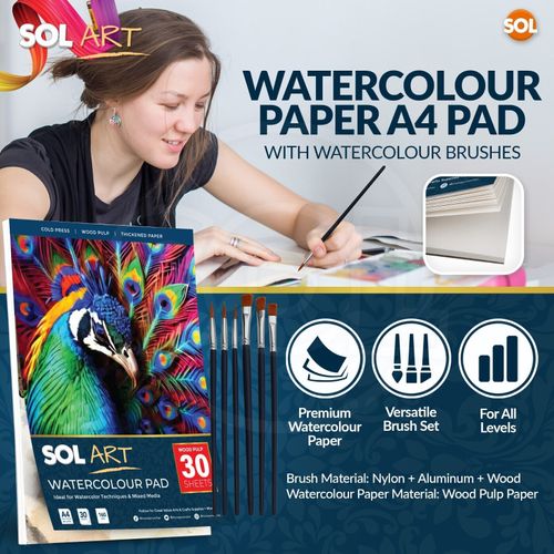 A4 Watercolour Paper Pad 30 Sheets 60 Pages Cold Pressed Artist 160GSM 6 Brushes — image 3