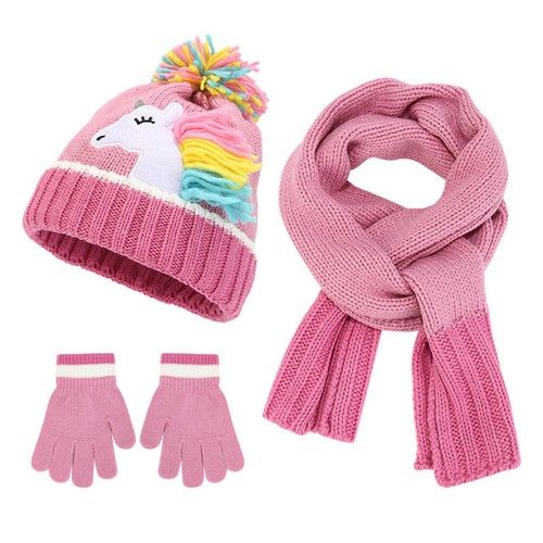 Winter Unicorn Beanie Hat Scarf Gloves Set for Baby Girls Kids Knitted Warm Hats