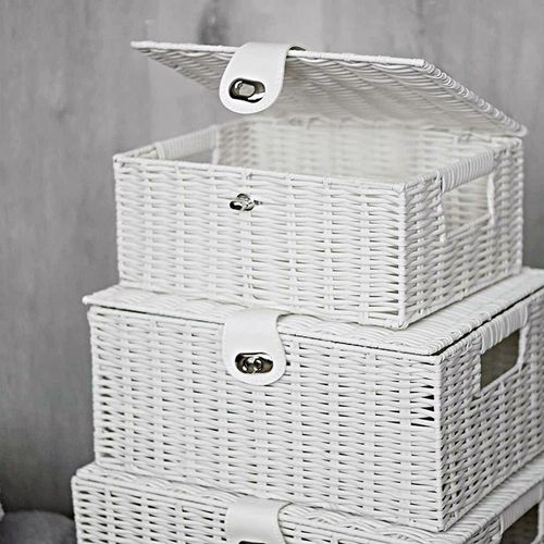 Wicker Storage Basket White x3 Laundry Hamper Stackable Lid Lock Home Decor — image 13