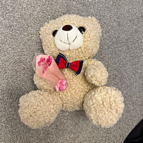 Beige Plush Bear Teddy Soft Toy with Bow Tie & Pink Bouquet, Black Eyes