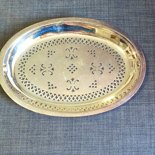 Oval Pierced Silver Plate Tray with Cutwork Border & Centre Design Marked W8757