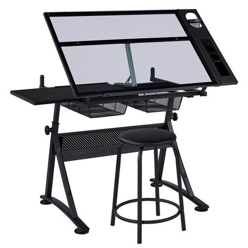 Adjustable Glass Drafting Table with 2 Drawer Art Craft Drawing Board with Stool — image 2
