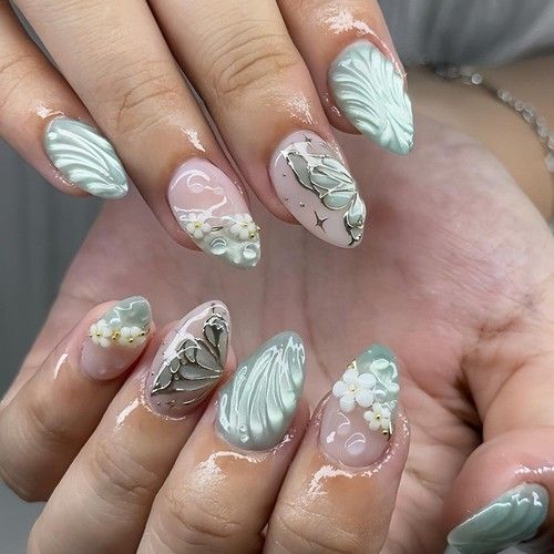 Press On Nails Medium Almond Gradient Nude Brown Blue Floral Rhinestone Sets