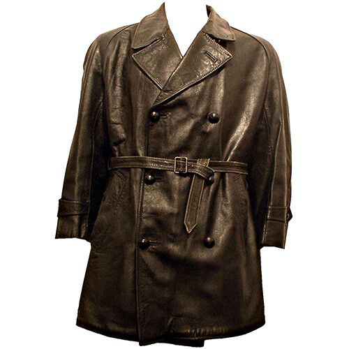 60'S Leather Biker Coat Jacket Double Breasted Italian Ex Govt Wool Lined Black