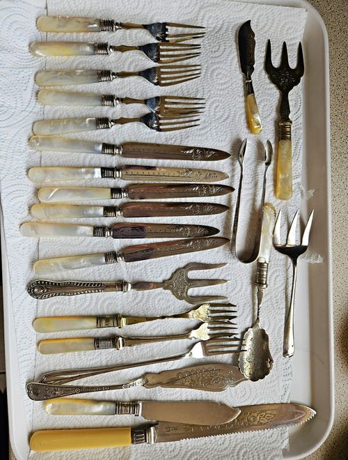 Assorted Silver Plate Cutlery Set with Mother-of-Pearl Handles — image 1