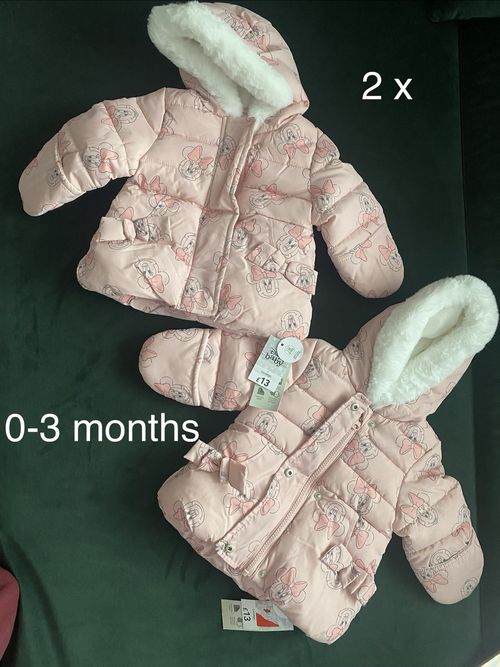 2 x George Disney Baby Minnie Mouse Pink Hooded Padded Puffer Jacket 0-3 Months — image 1