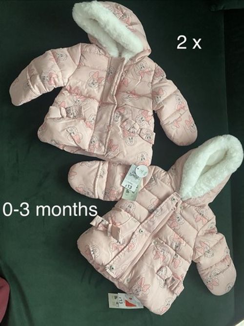 2 x George Disney Baby Minnie Mouse Pink Hooded Padded Puffer Jacket 0-3 Months