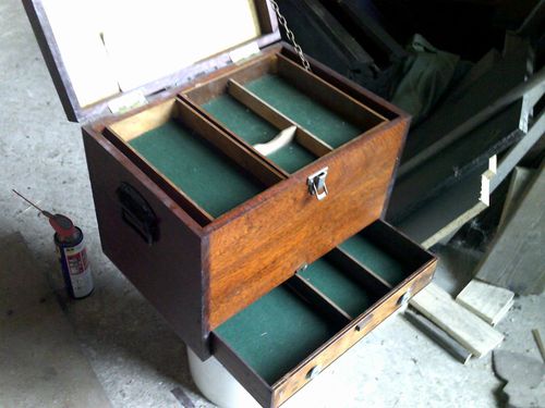 VINTAGE HAND MADE TOOL CABINET WITH DRAWERS, DOVE TAIL JOINTS, BRASS HINGES — image 7