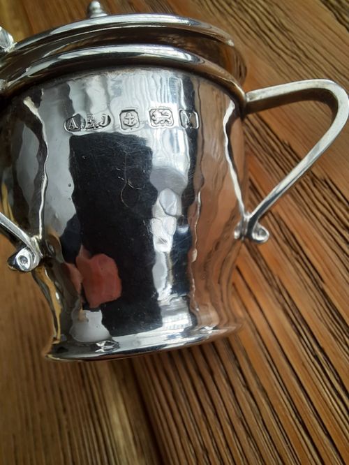 A. E. Jones Arts & Crafts Silver Mustard Pot With Spoon And Ruskin Pottery Liner — image 12