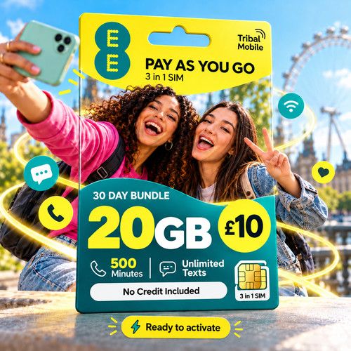 1 x EE PAYG SIM Card 4G 5G 20GB Data 500 Mins Unlimited Texts £10 Pack -3in1 SIM