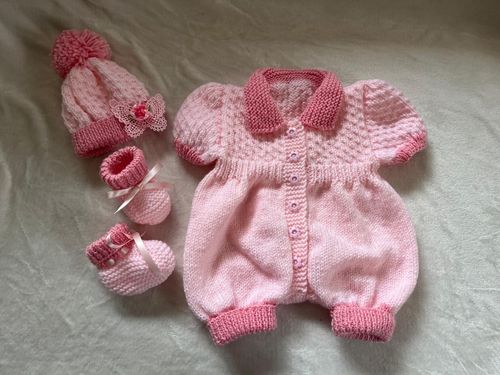 Hand-Knitted Baby Girl’s Pink Romper DK Outfit 0-3 months or 19-21” Reborn Doll — image 2