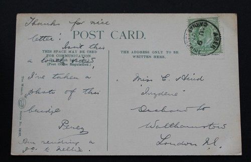 Aber, Carnarvonshire, Wales 1907 postmark on a Aber Bridge postcard to Hind, 'Iv