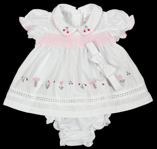 Baby Girl Dress Set Outfit Smocked Embroidered Headband White — image 3