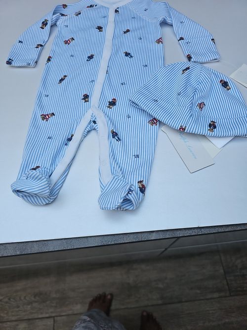 Ralph Lauren Baby Boys Striped Babygrow Coverall With A Beanie .size 0-3 Months — image 4