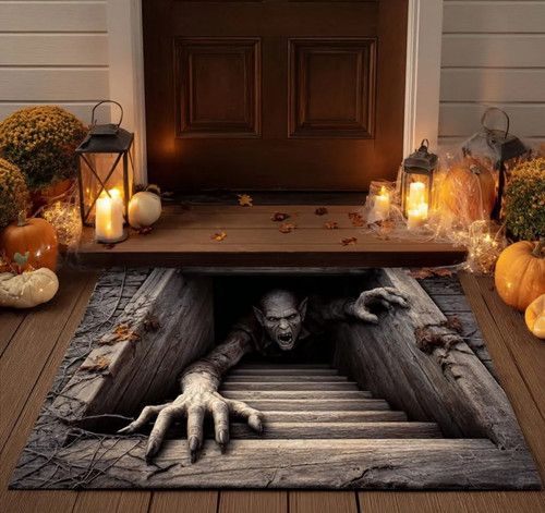 Halloween Door Mat 3D Optical Illusion Rug Ghost Skeleton Visual Trap Floor Mat