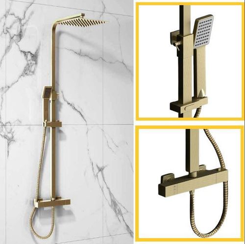 Brushed Brass Square Thermostatic Bar Complete Mixer Shower Adjustable Overhead — image 1