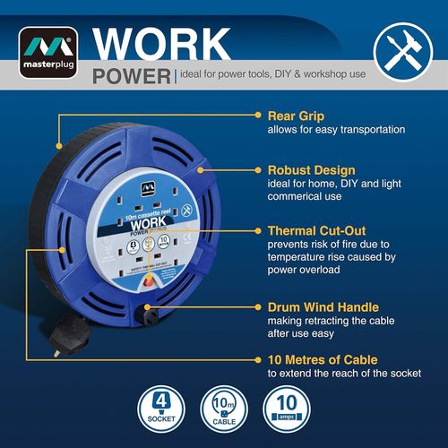 Extension Lead Reel 10m Cable - Heavy Duty 4 Socket 10A Cassette - Masterplug — image 6