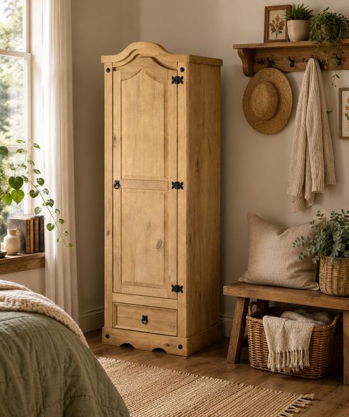 Corona Wardrobe 1 Door 1 Drawer Arch Top Robe Mexican Solid Pine — image 4