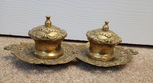 Antique Brass English Original Desk Inkwells. Solid Brass.  — image 6