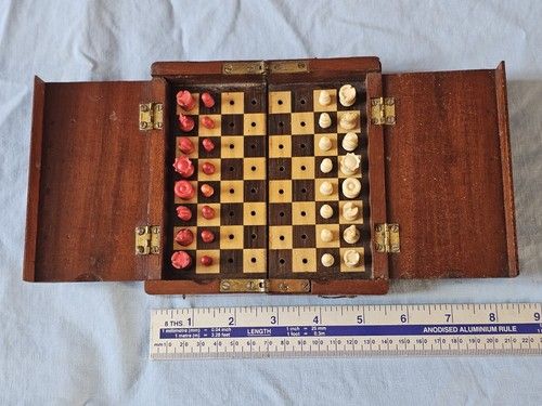 Antique c1900 SMALL 5.5" Pocket Size FOLDING TRAVEL CHESS SET Train Whittington