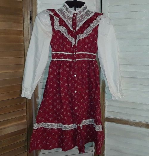Vintage Robyn Sue Girls Dress Size 10 Prairie Style Burgundy Floral Long Sleeve — image 1