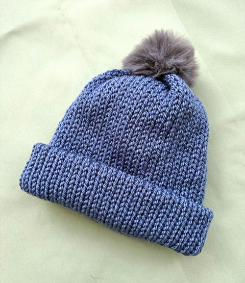 Women’s Blue & Grey Knit Beanie Hat with Pom Pom, One Size Autumn/Winter