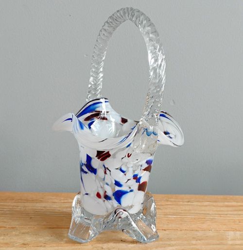 Mid Century Abstract Studio Art Spatter Glass Basket Clear White Blue & Red