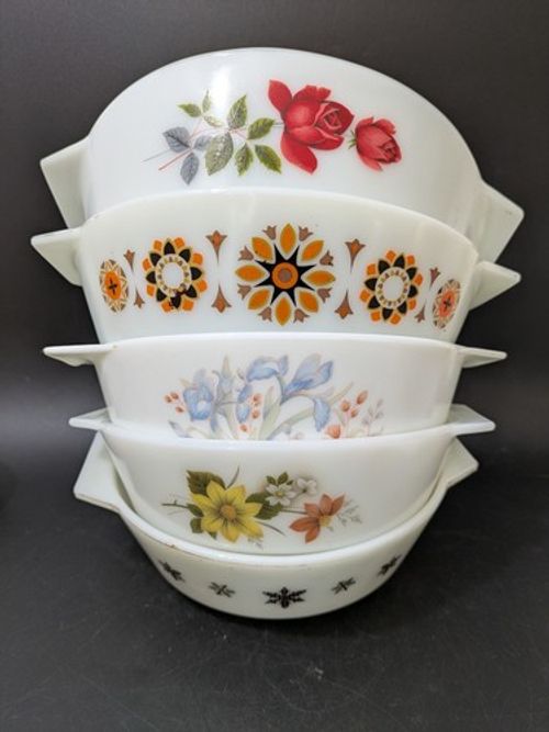 Vintage Pyrex x 5 Casserole Dishes Rose Blue Iris Autumn Gold Snowflake Nesting 