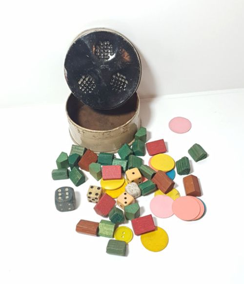 Vintage Wooden Game Pieces — Dice, Counters & Blocks — Old Tin Included