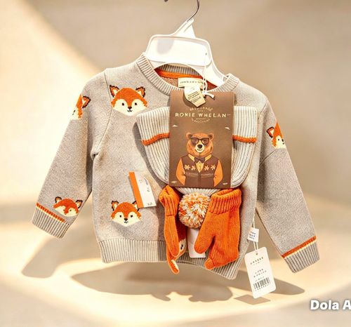 Ronnie Whelan 0-3 Months Unisex Baby Knit Cotton Fox Jumper Hat Mittens Set — image 1