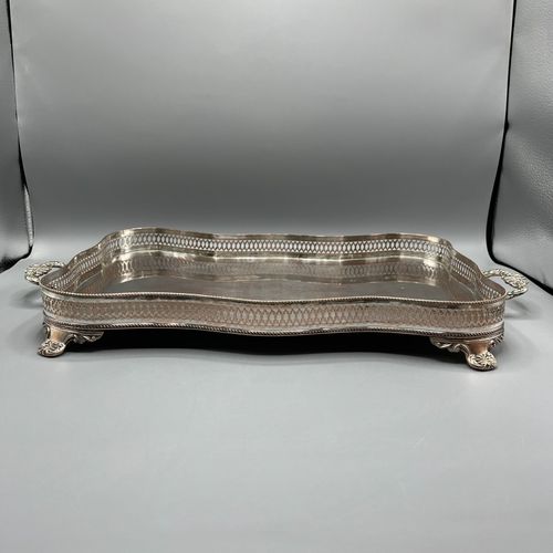 Antique Vintage Silver Plated Footed Serving Tray Handles Serpentine Scalloped — image 3