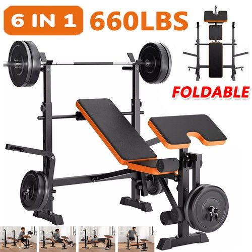 600LBS 6 in 1 Adjustable Weight Bench, Folding Workout Bench Set w/ Barbell Rack