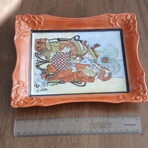 French Ceramic Rectangular Collector Plate, Figural Design, Orange Border 1991 — image 4