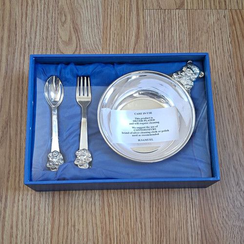 H. Samuel Silver Plated Baby Christening Silverware Set Bowl Spoon Fork