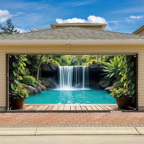 Forest Waterfall Pond Garage Door Banner Fabric Holiday Party Background XS